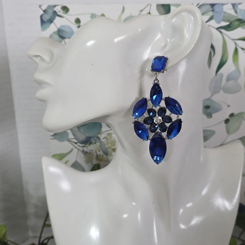Statement Silver with Blue Crystal Stones Necklace and Matching Earrings Set